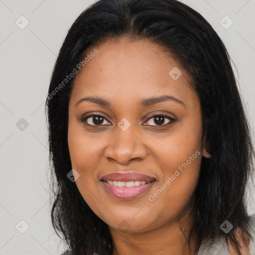 Joyful latino young-adult female with long  brown hair and brown eyes
