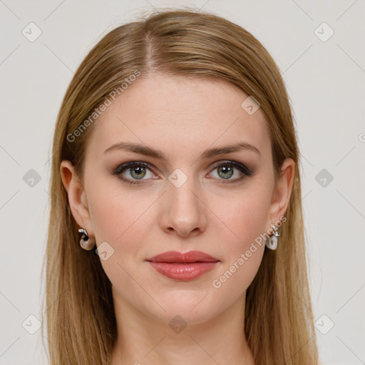 Joyful white young-adult female with long  brown hair and grey eyes