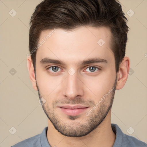 Neutral white young-adult male with short  brown hair and brown eyes