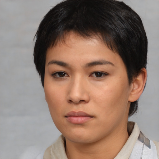 Neutral asian young-adult female with medium  brown hair and brown eyes