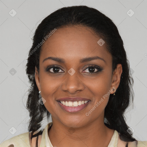 Joyful black young-adult female with medium  black hair and brown eyes