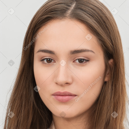 Neutral white young-adult female with long  brown hair and brown eyes