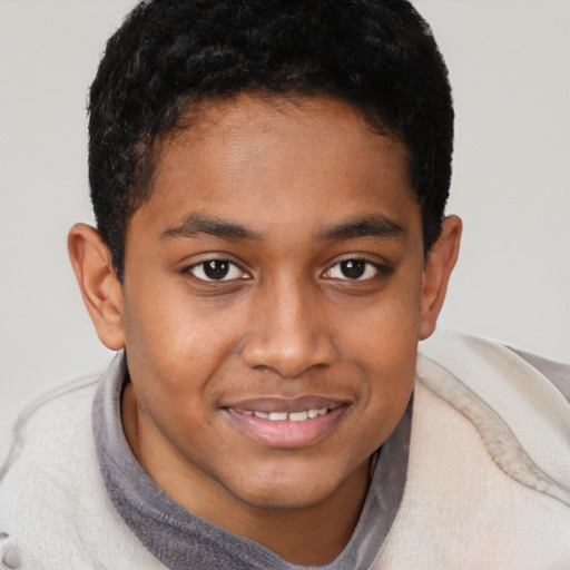 Joyful black young-adult male with short  brown hair and brown eyes