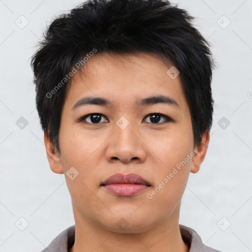 Neutral asian young-adult male with short  brown hair and brown eyes