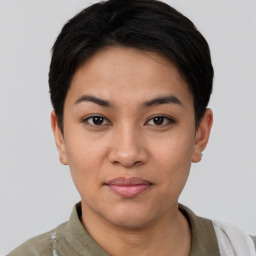 Joyful asian young-adult female with short  black hair and brown eyes