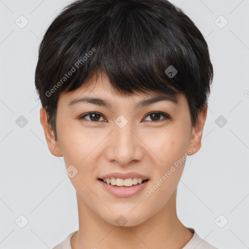 Joyful asian young-adult female with short  brown hair and brown eyes