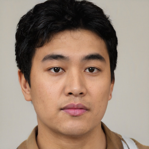 Neutral asian young-adult male with short  black hair and brown eyes