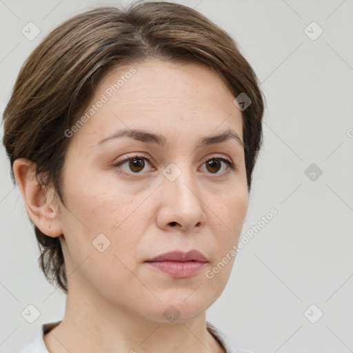 Neutral white young-adult female with medium  brown hair and brown eyes