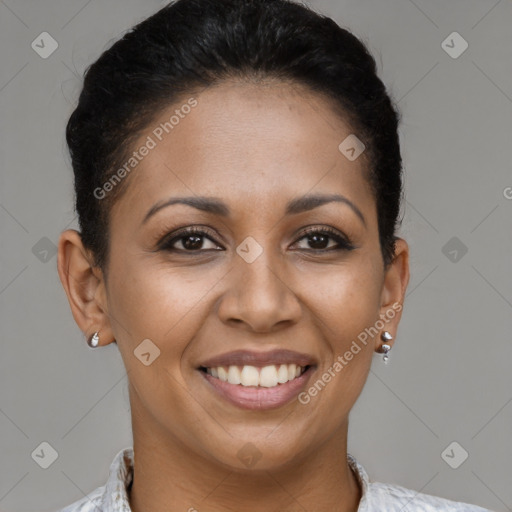 Joyful latino young-adult female with short  brown hair and brown eyes