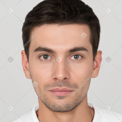 Neutral white young-adult male with short  brown hair and brown eyes