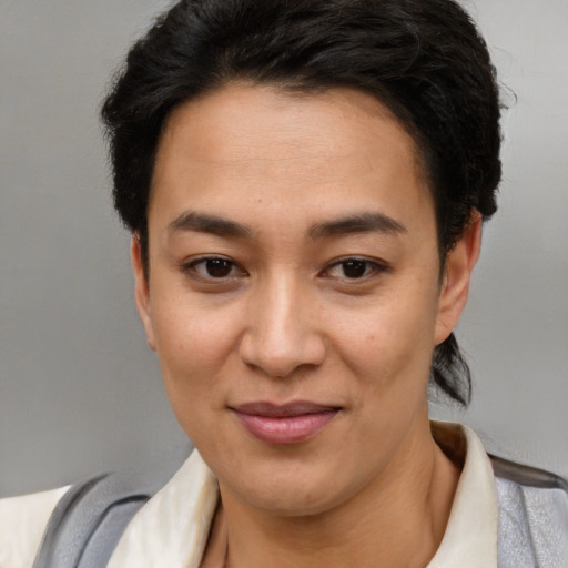Joyful latino young-adult female with short  brown hair and brown eyes