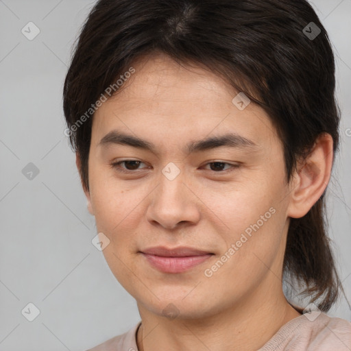 Joyful white young-adult male with medium  brown hair and brown eyes