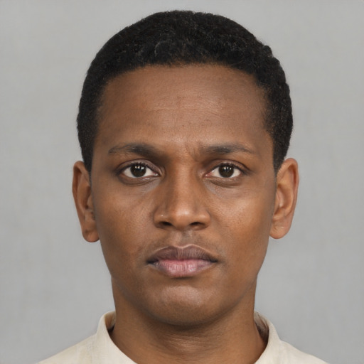 Neutral black young-adult male with short  black hair and brown eyes