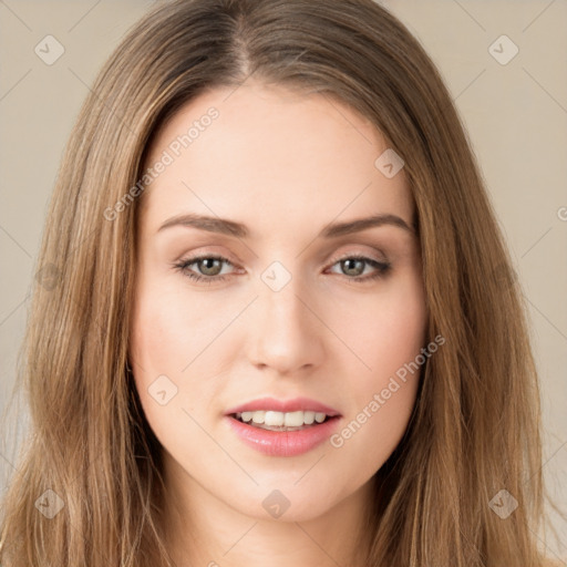 Neutral white young-adult female with long  brown hair and brown eyes