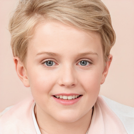 Joyful white child female with medium  blond hair and blue eyes