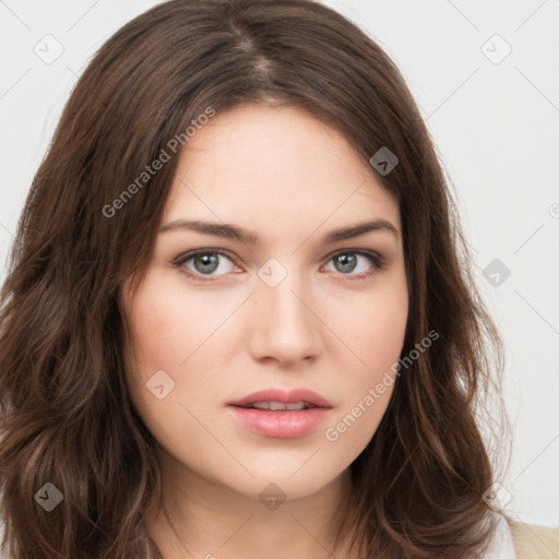 Neutral white young-adult female with long  brown hair and brown eyes