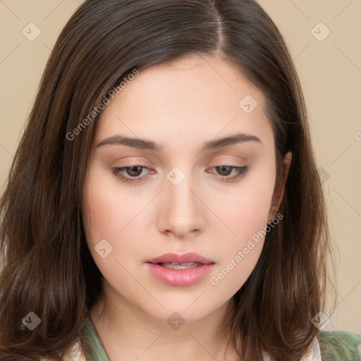 Neutral white young-adult female with long  brown hair and brown eyes