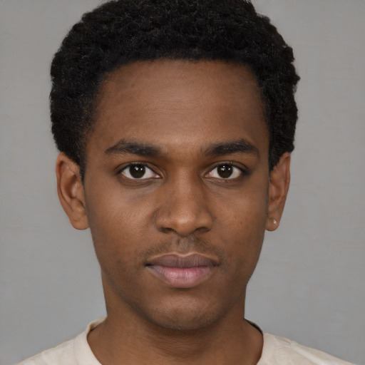 Neutral black young-adult male with short  black hair and brown eyes