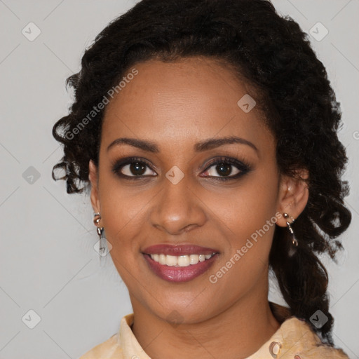 Joyful black young-adult female with medium  brown hair and brown eyes