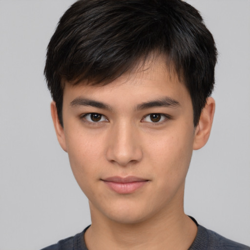 Neutral asian young-adult male with short  brown hair and brown eyes