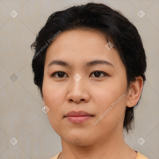 Neutral asian young-adult female with medium  brown hair and brown eyes