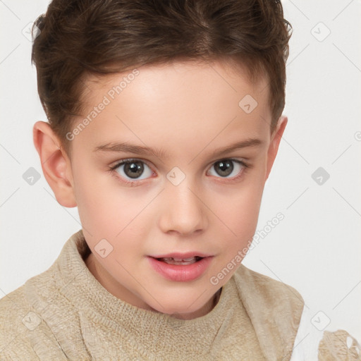 Joyful white child female with short  brown hair and brown eyes