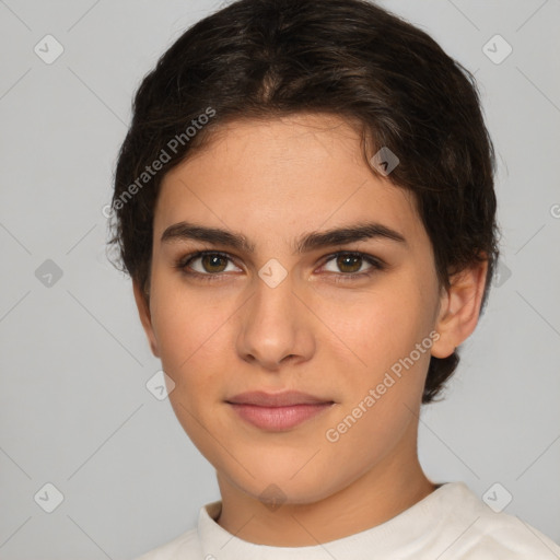 Neutral white young-adult female with short  brown hair and brown eyes