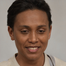 Joyful latino young-adult male with short  brown hair and brown eyes