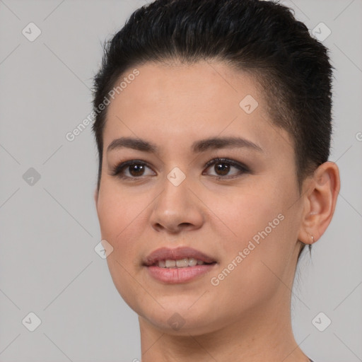 Joyful white young-adult female with short  brown hair and brown eyes