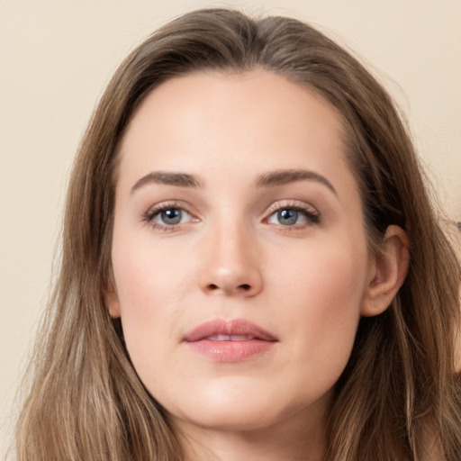 Neutral white young-adult female with long  brown hair and grey eyes