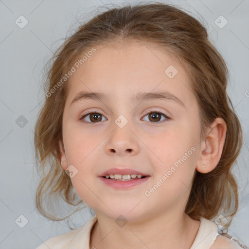 Joyful white child female with medium  brown hair and brown eyes