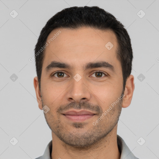 Neutral latino young-adult male with short  black hair and brown eyes