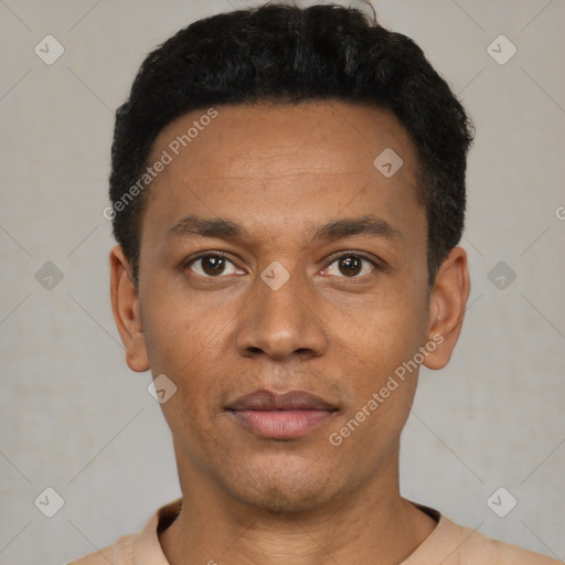 Neutral latino young-adult male with short  black hair and brown eyes