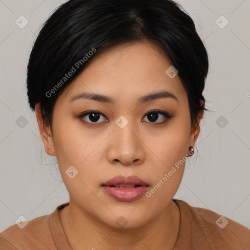 Neutral asian young-adult female with medium  black hair and brown eyes