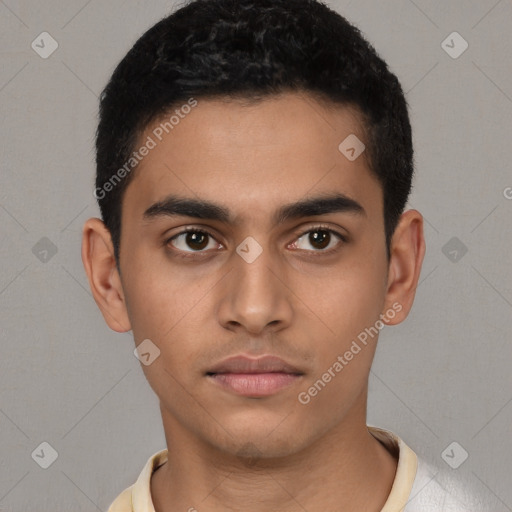 Neutral latino young-adult male with short  black hair and brown eyes