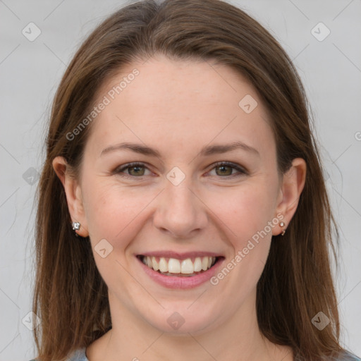 Joyful white young-adult female with long  brown hair and grey eyes