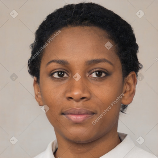 Neutral black young-adult female with short  black hair and brown eyes