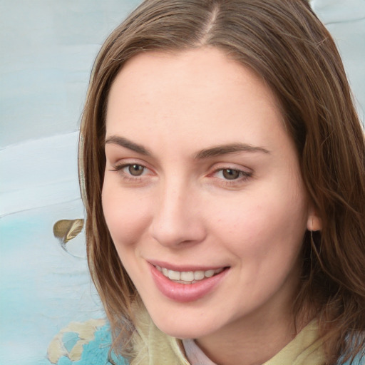 Joyful white young-adult female with medium  brown hair and blue eyes