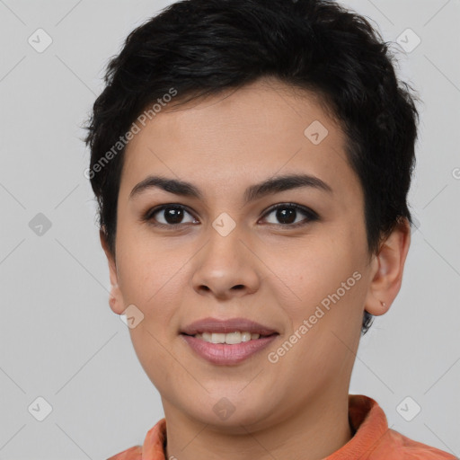 Joyful asian young-adult female with short  brown hair and brown eyes