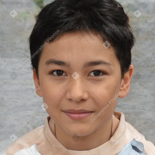 Joyful white child female with short  brown hair and brown eyes