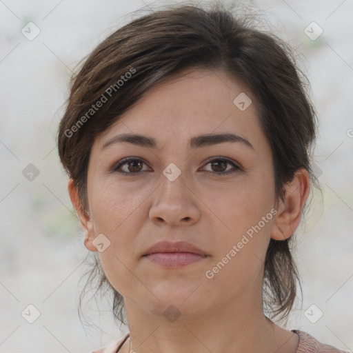 Neutral white young-adult female with medium  brown hair and brown eyes