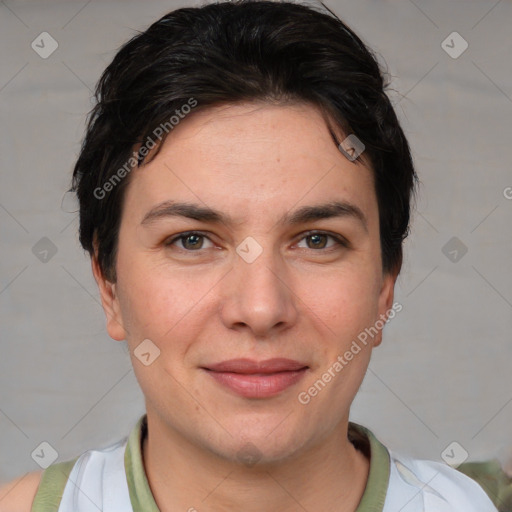 Joyful white young-adult female with short  brown hair and brown eyes