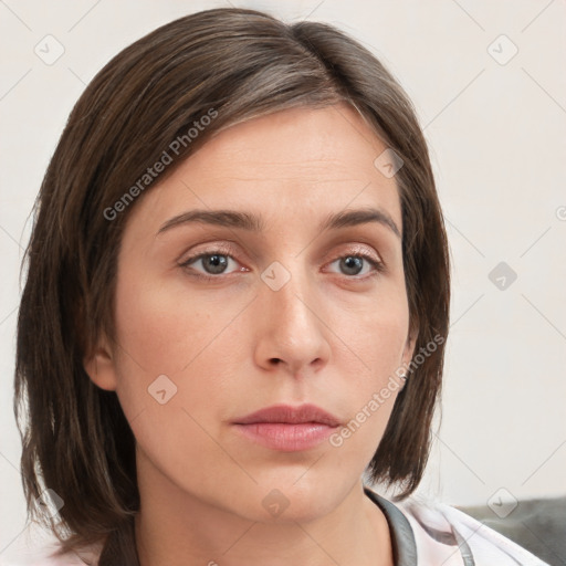 Neutral white young-adult female with medium  brown hair and grey eyes