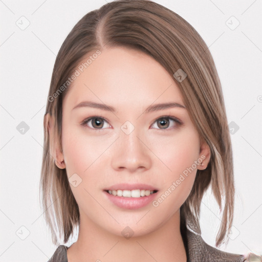 Neutral white young-adult female with medium  brown hair and grey eyes