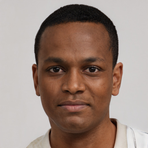Neutral black young-adult male with short  black hair and brown eyes
