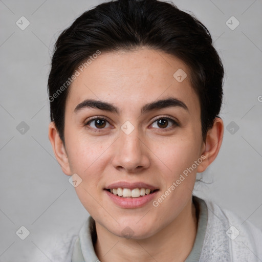 Joyful white young-adult female with short  brown hair and brown eyes