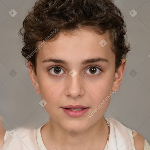 Joyful white child female with short  brown hair and brown eyes