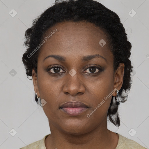 Neutral black young-adult female with short  brown hair and brown eyes