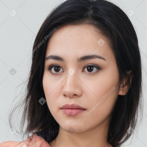 Neutral white young-adult female with medium  brown hair and brown eyes