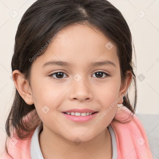 Joyful white child female with medium  brown hair and brown eyes